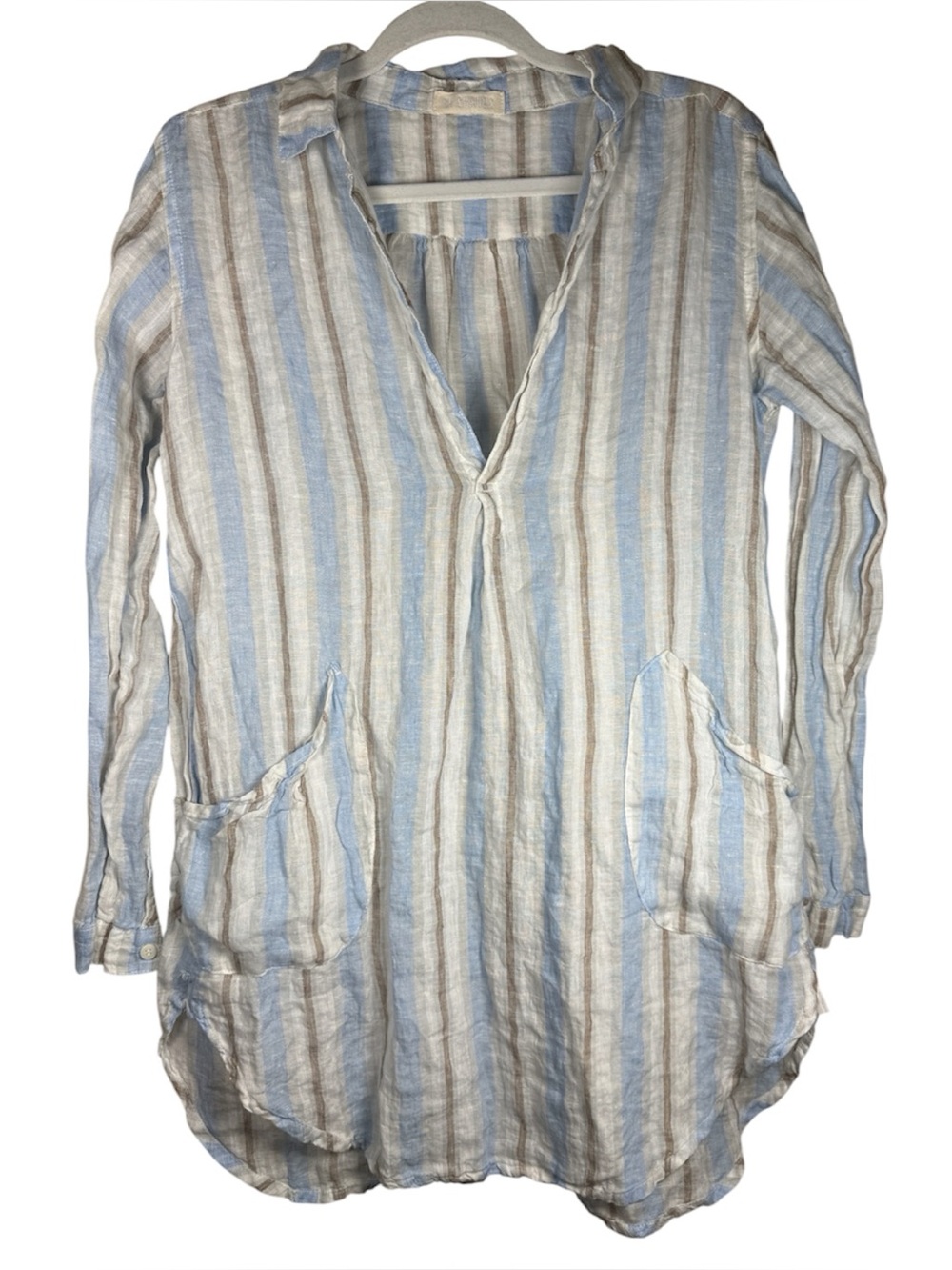 CP Shades Teton Striped Tunic Top Linen Blue Tan White XS